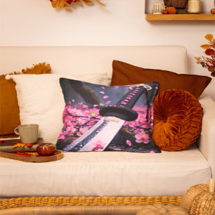 Samurai Katana & Cherry Blossom Pillow Japanese