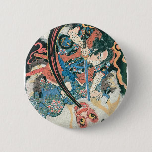 Samurai Killing a Demon, Ancient Japanese Painting Button