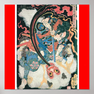 Samurai Killing a Demon, Ancient Japanese Painting Poster