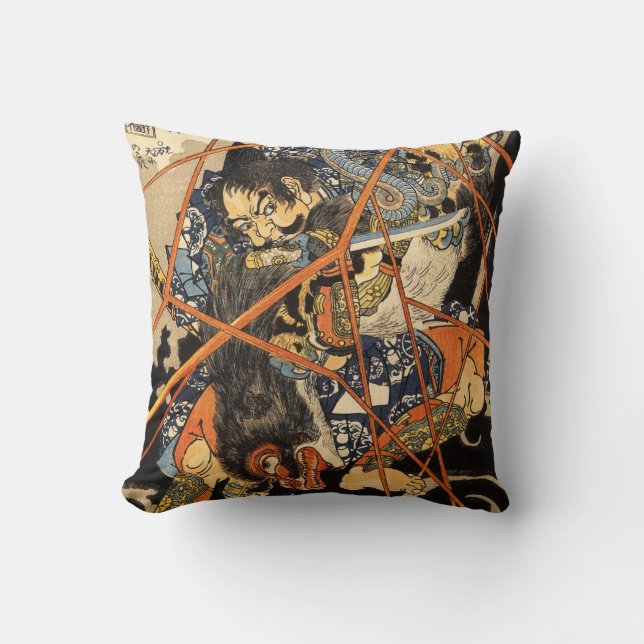 Samurai killing a Monster Throw Pillow (Front)