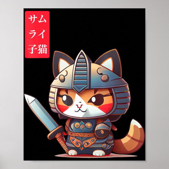 Samurai Kitten Kawaii Japanese Art for Anime Lover Poster (Front)