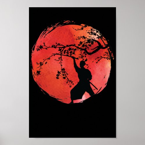 Samurai Krieger mit Schwert in Japan Flagge Poster