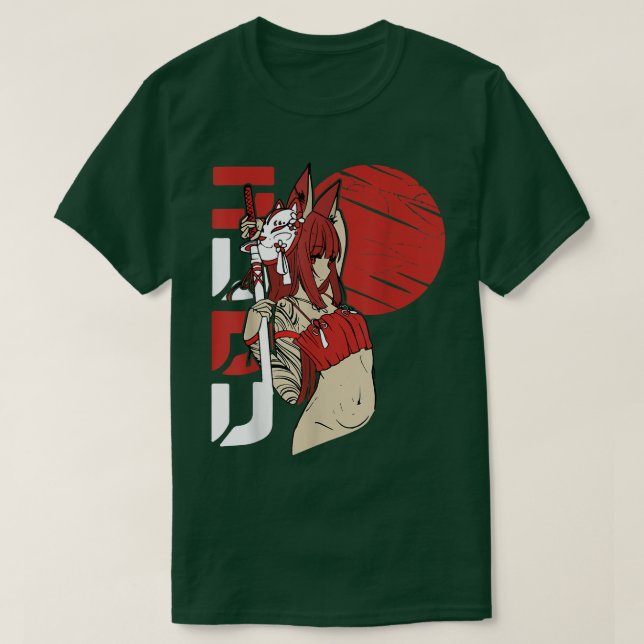 Samurai Neko Girl Katana Sword Blood Moon Manga Ka T-Shirt (Design Front)