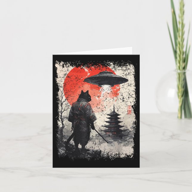 Samurai Ninja Cat Warrior Sumi-e Ufo Ukiyo-e Sci F Card (Front)