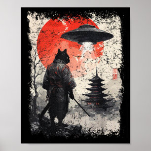 Samurai Ninja Cat Warrior Sumi-e Ufo Ukiyo-e Sci F Poster