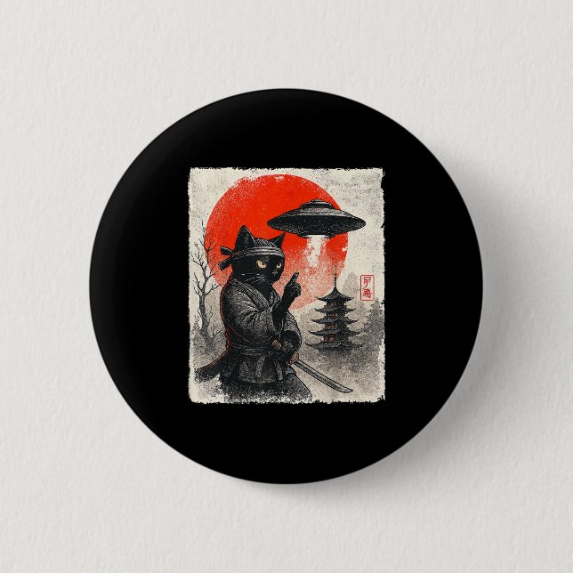 Samurai Ninja Cat Warrior Ufo Japanese Anime Gifts Button (Front)