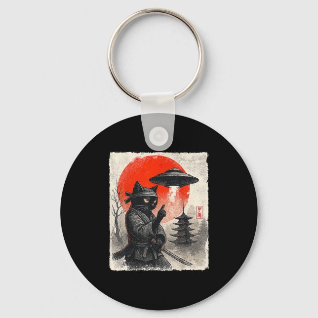 Samurai Ninja Cat Warrior Ufo Japanese Anime Gifts Keychain (Front)