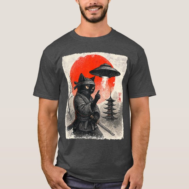 Samurai Ninja Cat Warrior UFO Japanese Anime Gifts T-Shirt (Front)