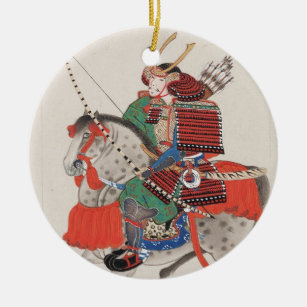 Samurai on Horseback Wearing Armor & Horned Helmet Ceramic Ornament