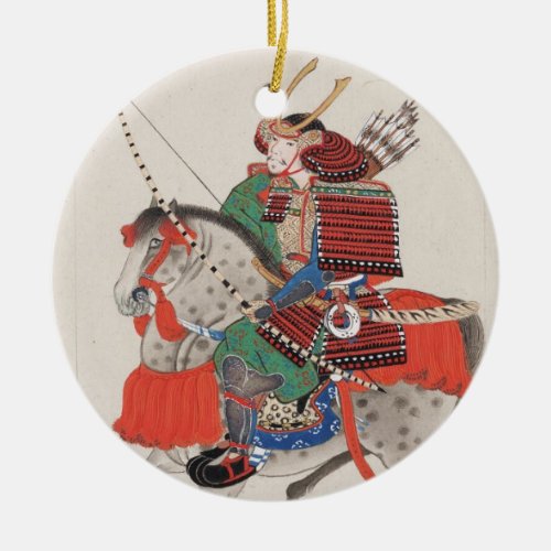 Samurai on Horseback Wearing Armor  Horned Helmet Ceramic Ornament