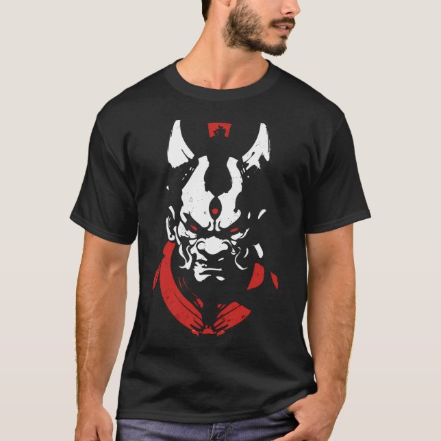 Samurai Oni Mask Anime Red  White Kanji Aka To Shi T-Shirt (Front)