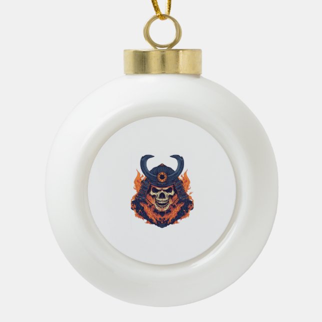 Samurai Oni Skull Ceramic Ball Christmas Ornament (Front)