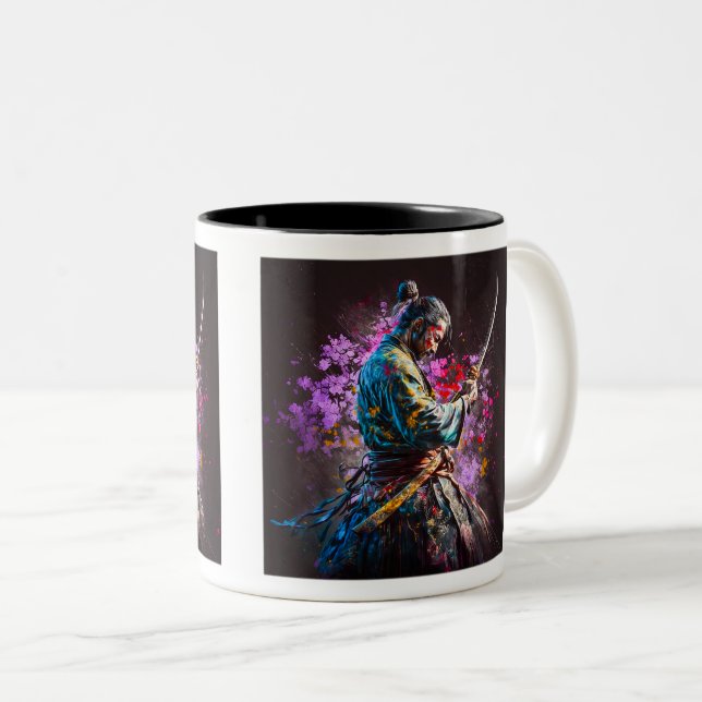 Samurai Painting Two-Tone Mug, 11 oz  Two-Tone Coffee Mug (Front Right)