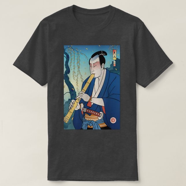 Samurai Play Shakuhachi Bamboo Flute Ukiyoe Japane T-Shirt (Design Front)