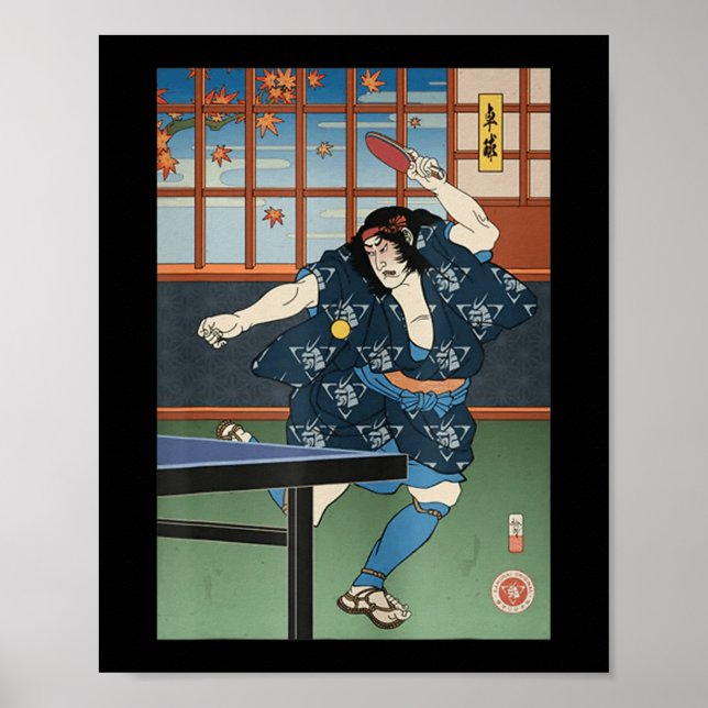 Samurai Play Table Tennis Ping Pong Ukiyoe  Poster (Front)