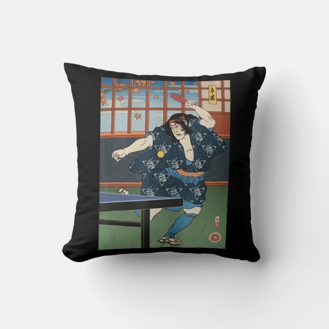 Samurai Play Table Tennis Ping Pong Ukiyoe  Throw Pillow (Front)