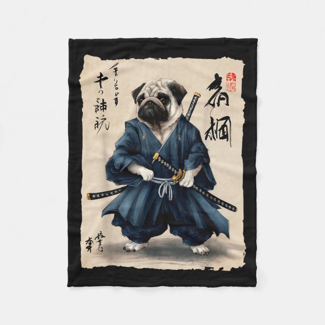 Samurai Pug Japanese Anime Dog Pug Lover Funny For Fleece Blanket (Front)