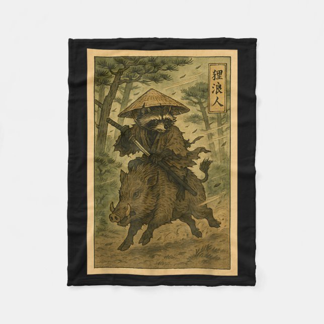 Samurai Raccoon Ronin Riding Boar Japanese Forest  Fleece Blanket (Front)