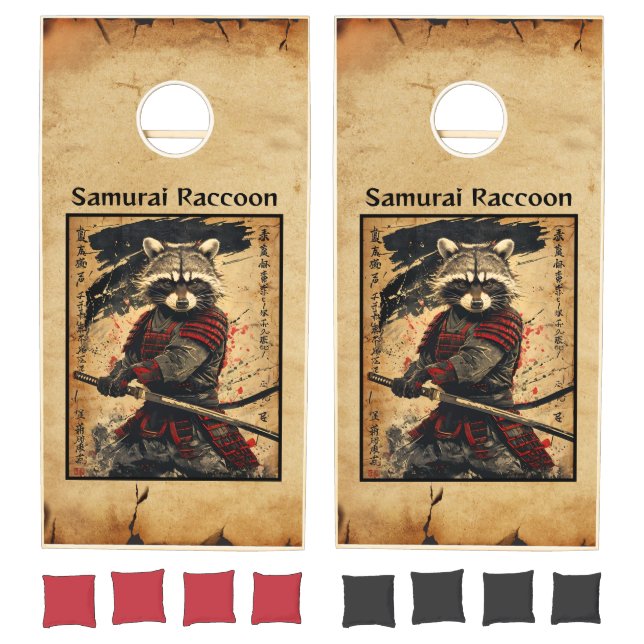 Samurai Raccoon with Katana on Parchment Cornhole Set (Set)