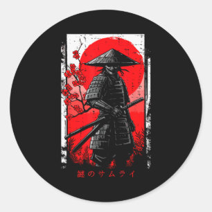 Samurai Red Sun Cherry Blossoms Japanese Art Men W Classic Round Sticker