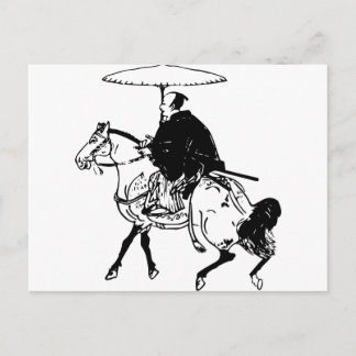 Samurai Riding a Horse with Umbrella, Black Line Postcard