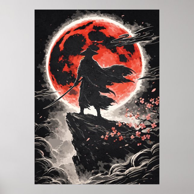Samurai Ronin in Red Moon - Japanese Anime Art Poster (Front)