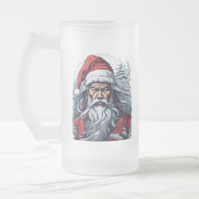 Samurai Santa Warrior Christmas Art Gift  Frosted Glass Beer Mug (Left)