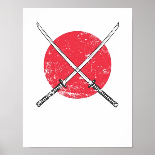 Samurai Schwert gekreuzt vor Flagge von Japan Poster