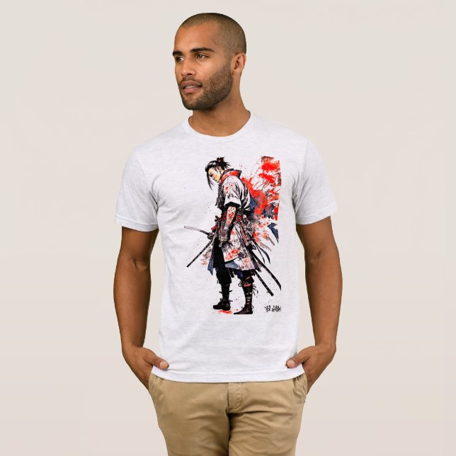 Samurai Serenity: Japan Watercolor Painting T-Shirt (Front Full)