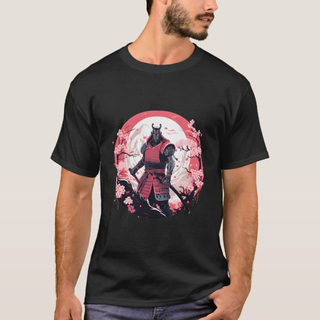 Samurai Stylized Illustration Armor Cherry Blossom T-Shirt (Front)