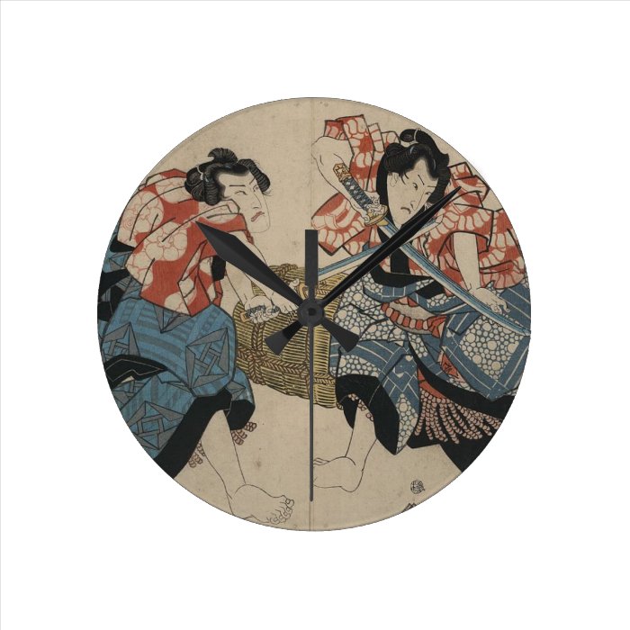Samurai Sword Fight circa 1825 Round Wallclocks