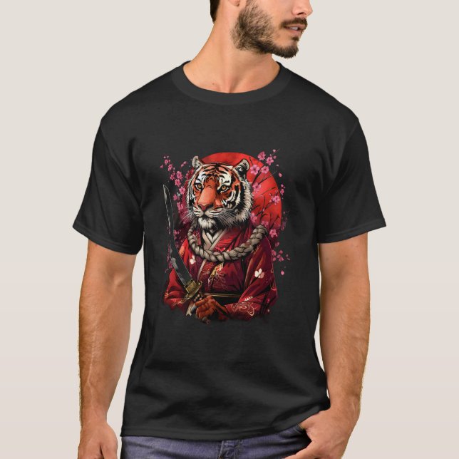 Samurai Tiger Anime Artwork Sakura Tree Japanese N T-Shirt (Front)