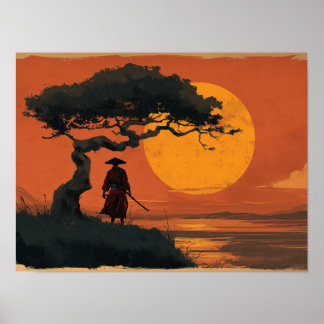 Samurai Under Sunset Tree in Traditional Japanese Poster