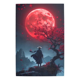 Samurai Under the Crimson Moon Metal Print
