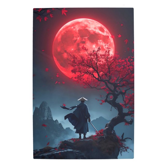 Samurai Under the Crimson Moon Metal Print (Front)