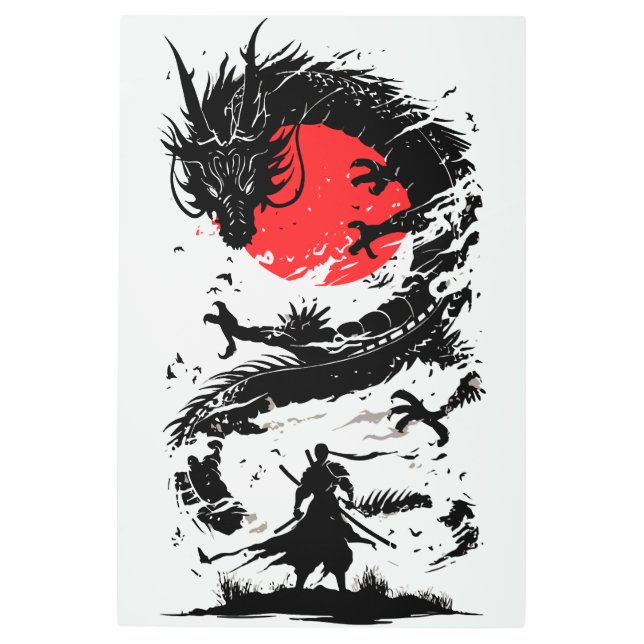 Samurai Warrior and Dragon Battle Metal Print (Front)