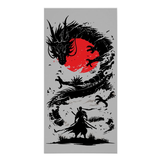 Samurai Warrior and Dragon Battle Poster (Front)