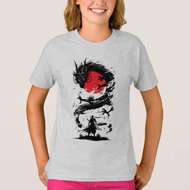 Samurai Warrior and Dragon Battle T-Shirt (Front)
