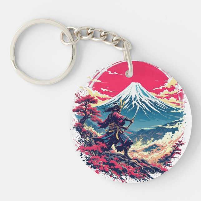 Samurai Warrior at Mount Fuji Japanese Art Keychain (Front)