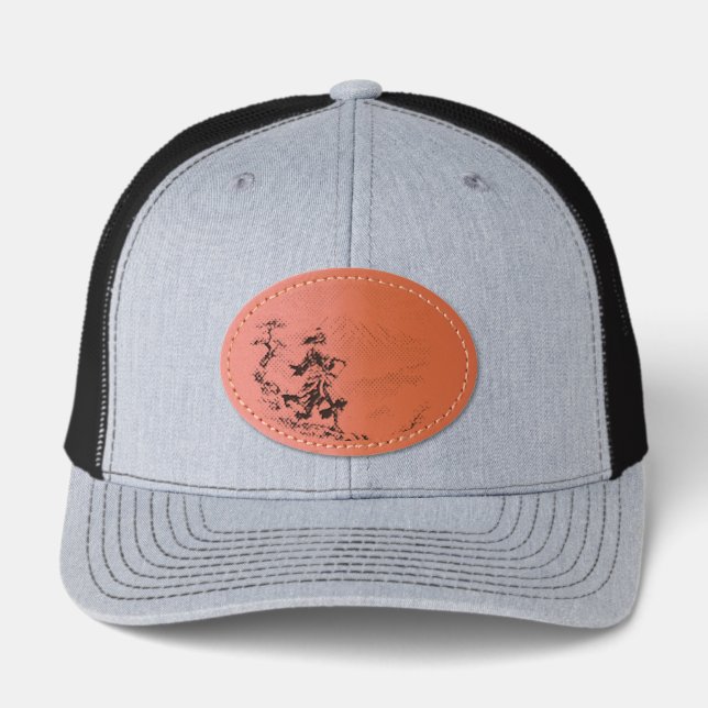 Samurai Warrior at Mount Fuji Japanese Art  Leather Patch Hat (Front)