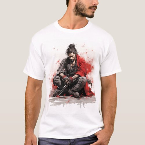 Samurai Warrior Crouching with Drawn Sword T_Shirt