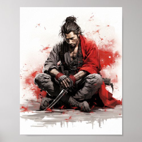 Samurai Warrior Crouching with Katana Sword Poster