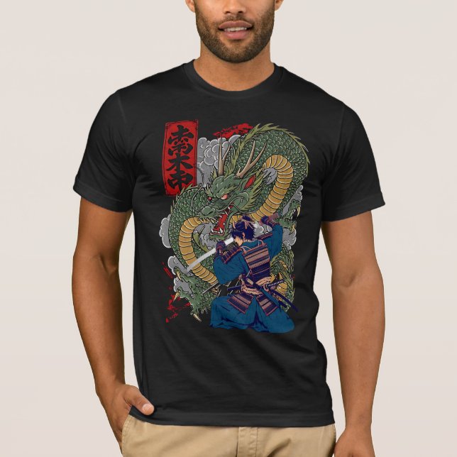 Samurai Warrior Facing Fierce Dragon Japanese Art  T-Shirt (Front)