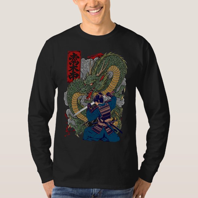 Samurai Warrior Facing Fierce Dragon Japanese Art  T-Shirt (Front)