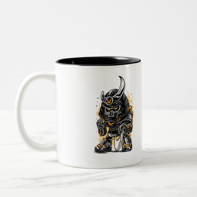 Samurai Warrior Gas Mask Art | Fierce Modern Samur Two-Tone Coffee Mug (Left)