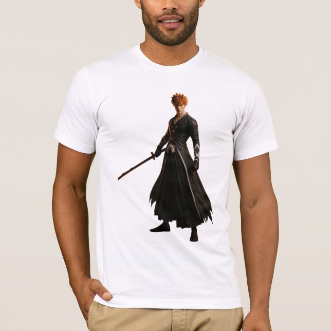 Samurai Warrior in Black Robe with Sword T-Shirt (Front)