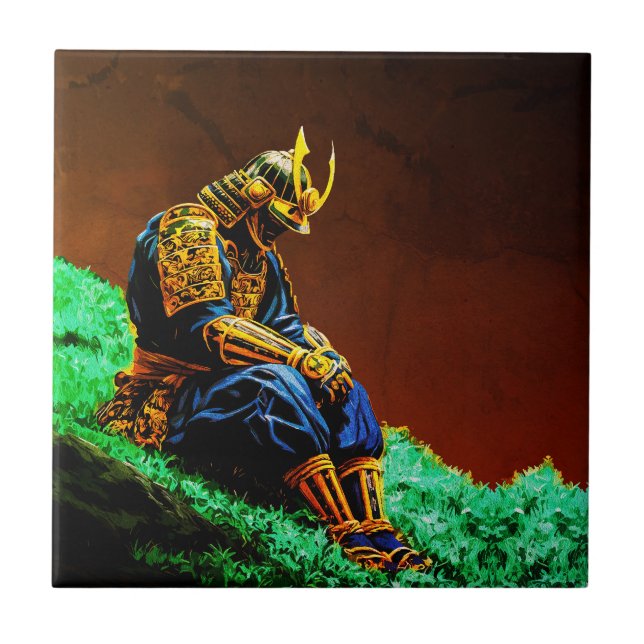 Samurai Warrior in Golden Armor – Epic Japanese Ceramic Tile (Front)