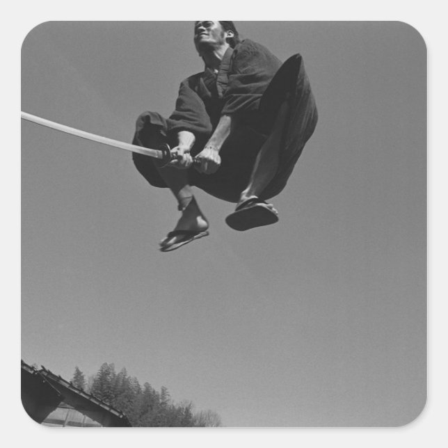 Samurai warrior jump attack with a sword 3 square sticker (Front)