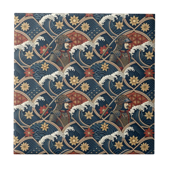 Samurai Warrior & Ocean Wave Japanese Pattern Art Ceramic Tile (Front)