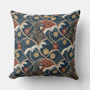 Samurai Warrior & Ocean Wave Japanese Pattern Art Throw Pillow